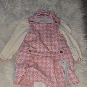Girls Pink Houndstooth Pinafore Set with Cream Top
